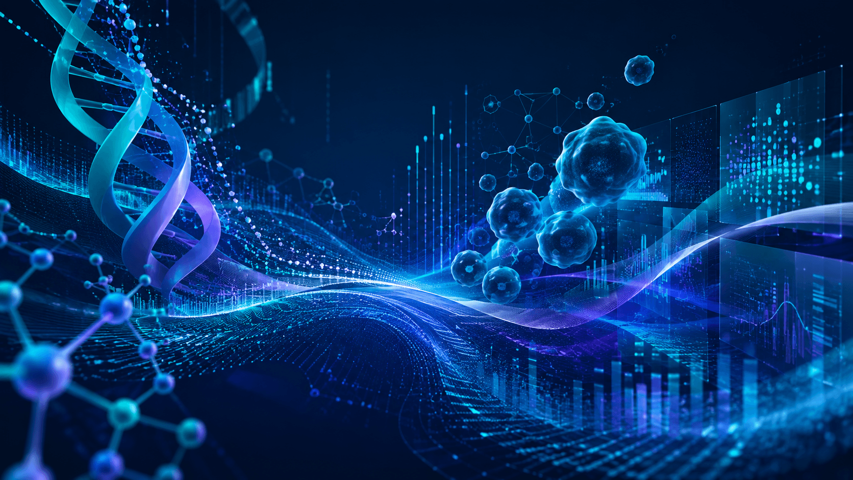 Computational bioscience landscape with molecular structures, cells, and connected data signals